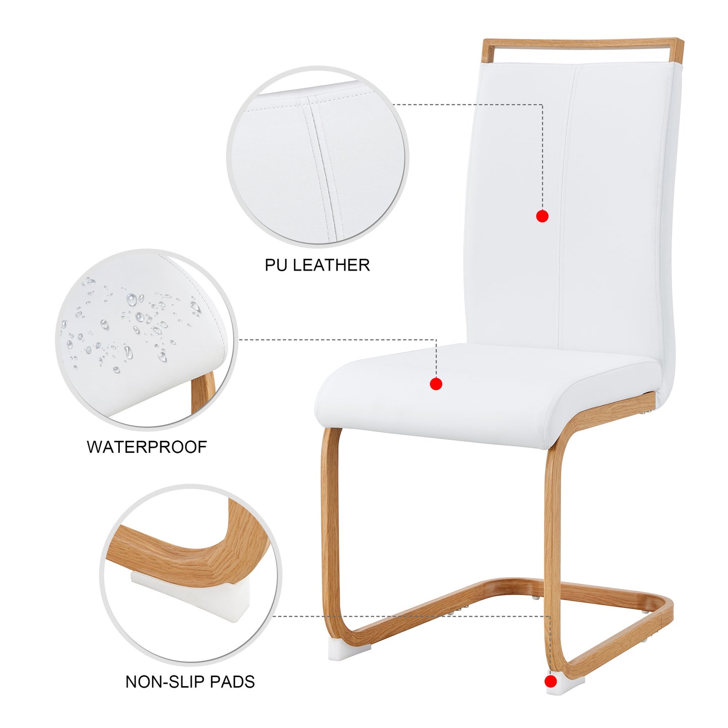 A table with four chairs. Glass dining table with 0.39 "tempered glass tabletop and wooden metal legs. PU leather high backrest cushioned side chair with C-shaped chrome metal legs.