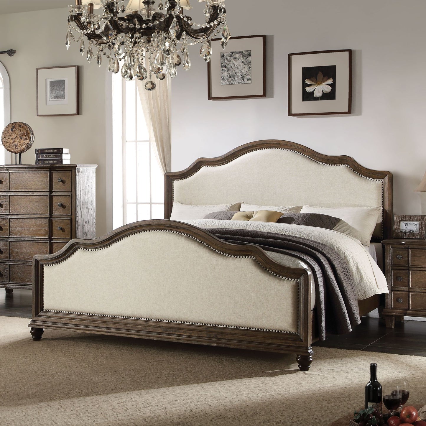 ACME Baudouin Queen Bed in Beige Linen & Weathered Oak 26110Q