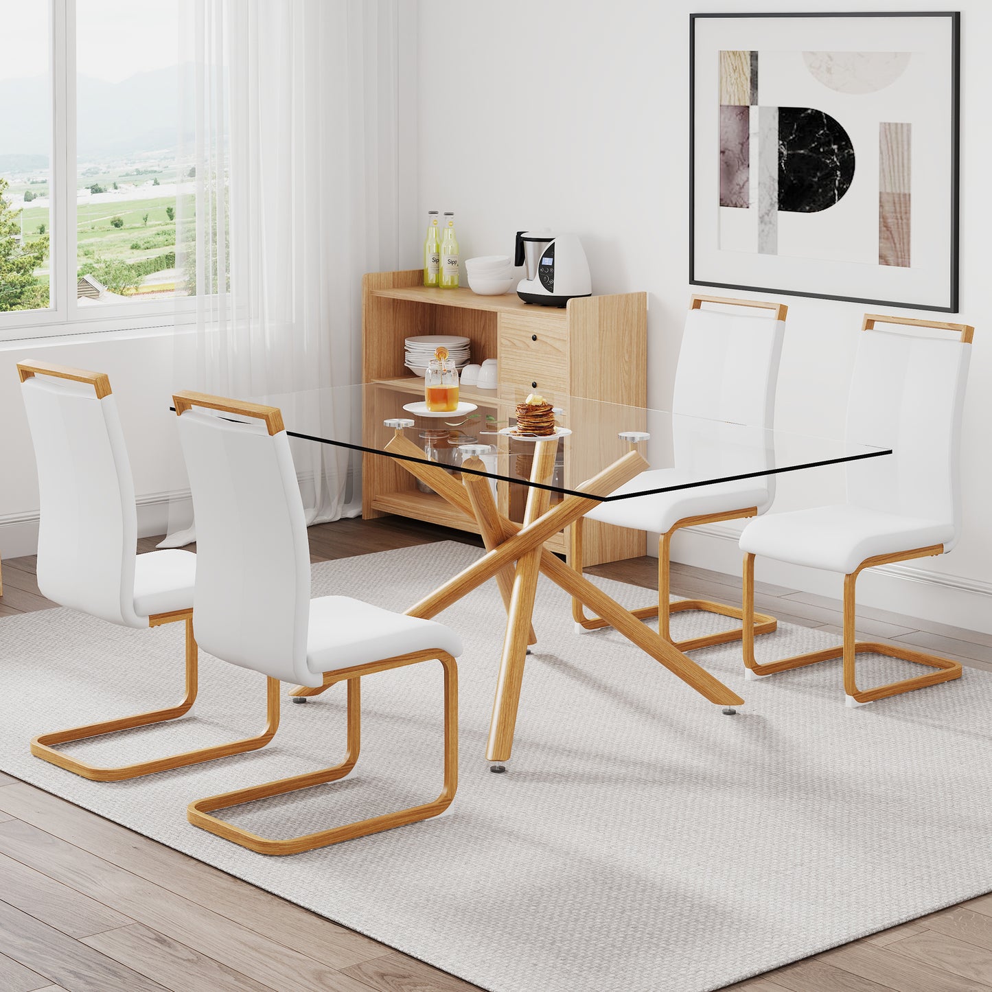 A table with four chairs. Glass dining table with 0.39 "tempered glass tabletop and wooden metal legs. PU leather high backrest cushioned side chair with C-shaped chrome metal legs.