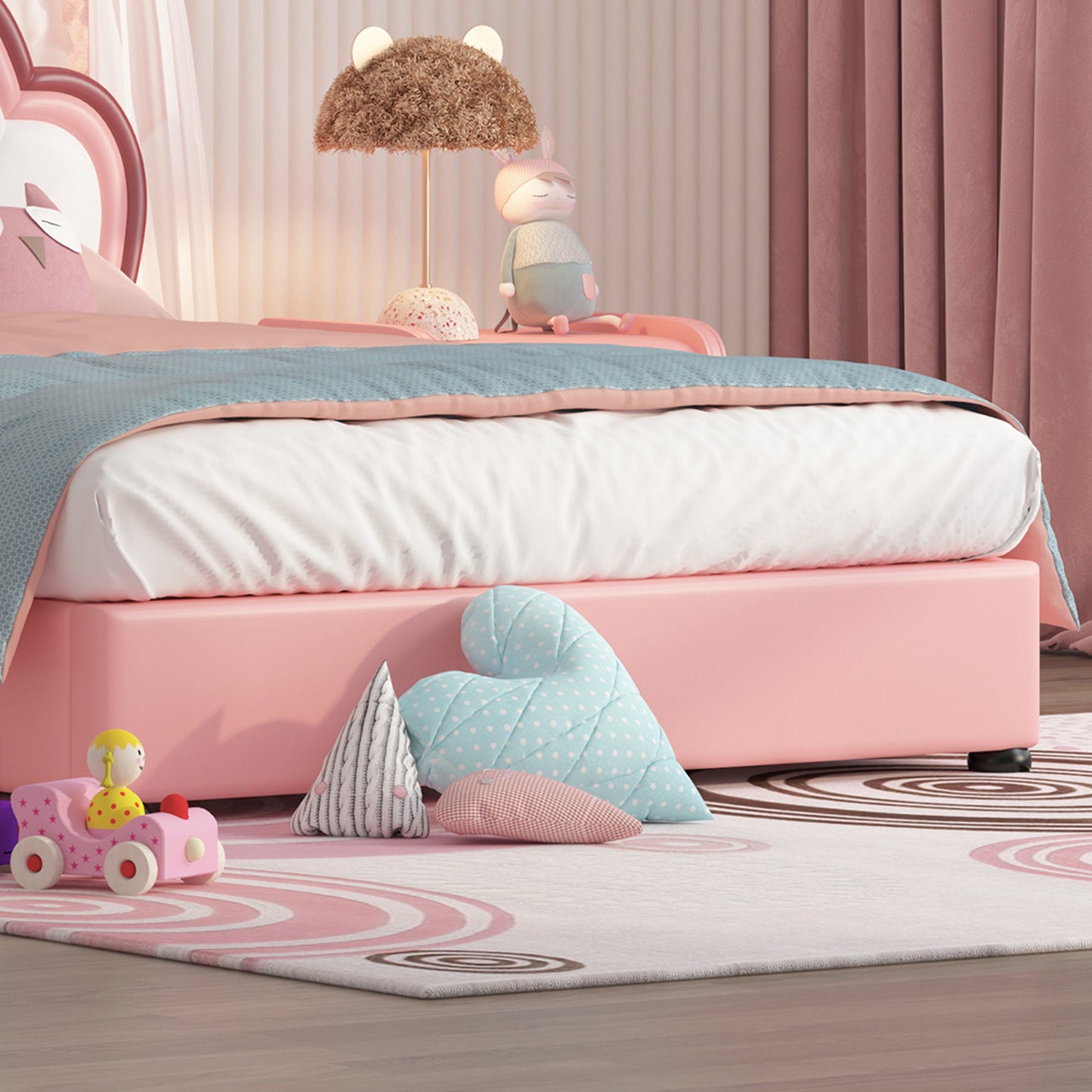 Twin Size Kids Bed Frame with crown Shaped Headboard,Children Twin Platform Bed Frame with Luxury PU leather, Cute Single Twin Bed for Girls Boys