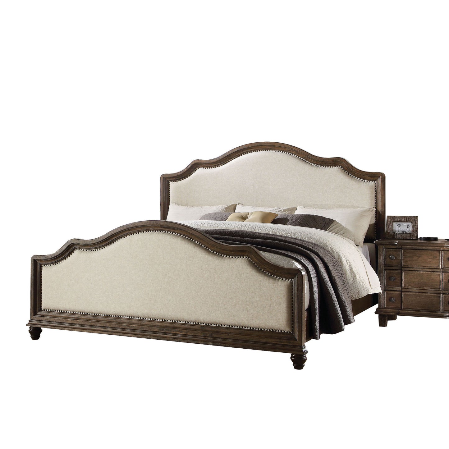 ACME Baudouin Queen Bed in Beige Linen & Weathered Oak 26110Q