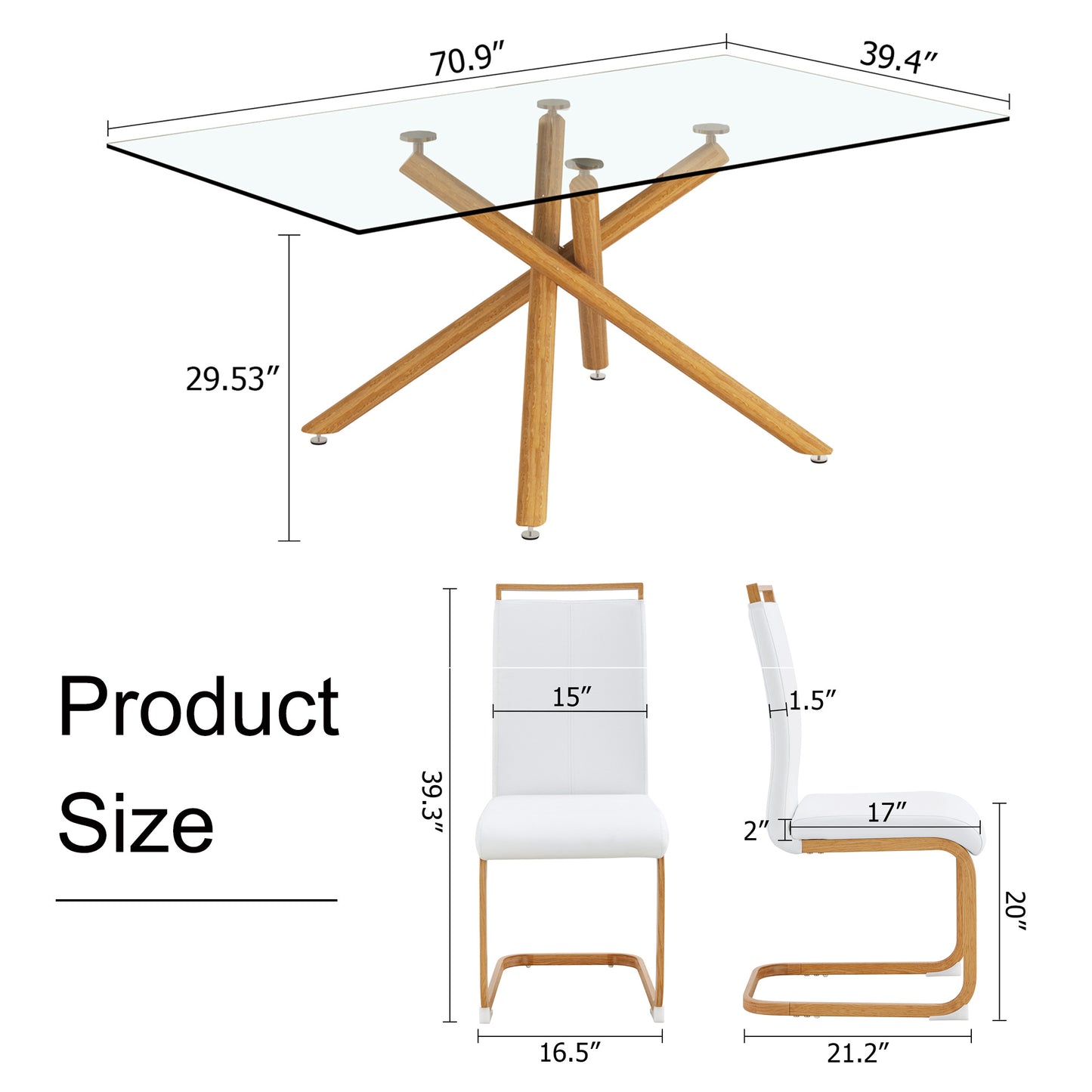 A table with four chairs. Glass dining table with 0.39 "tempered glass tabletop and wooden metal legs. PU leather high backrest cushioned side chair with C-shaped chrome metal legs.