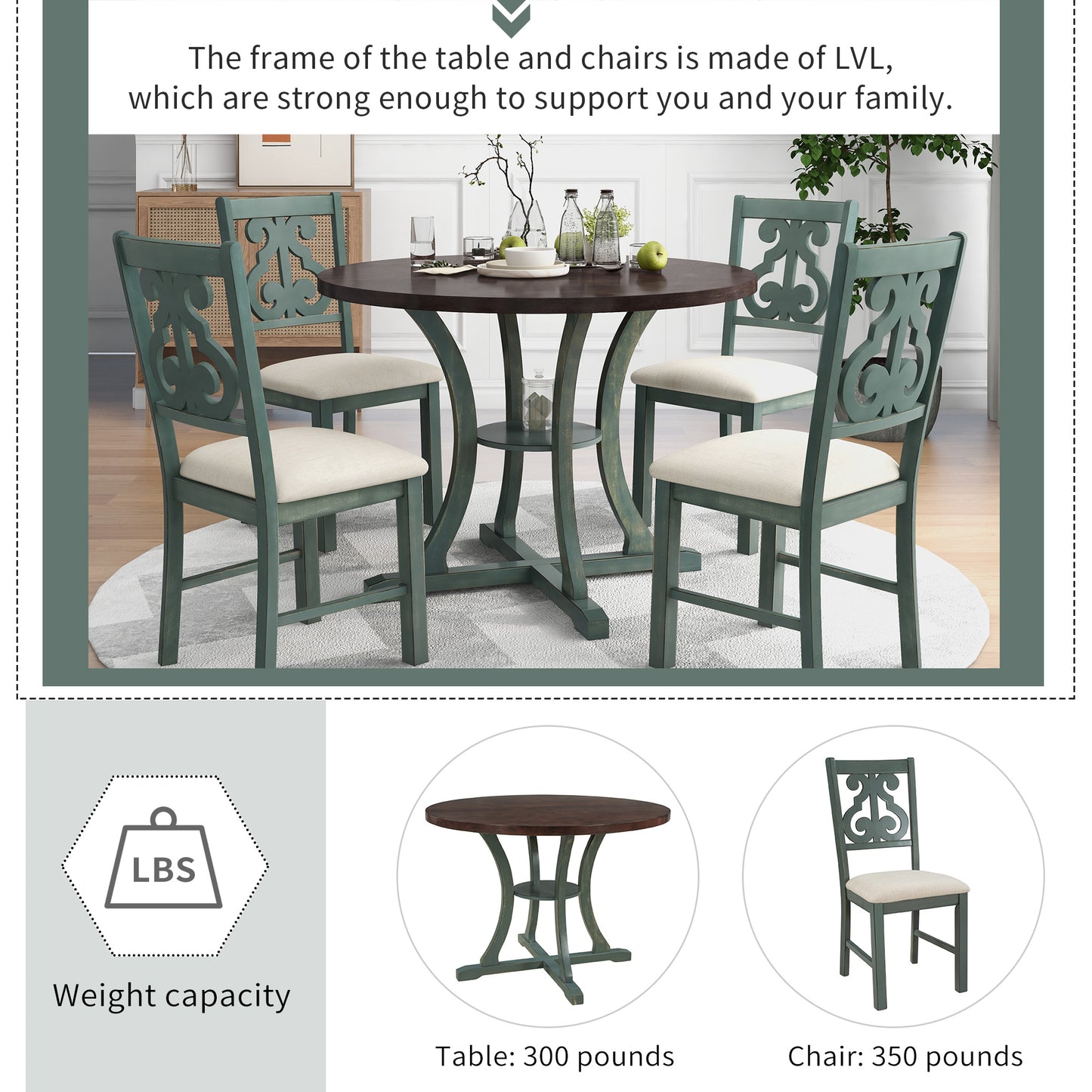 5-Piece Round Dining Table and 4 Fabric Chairs with Special-shaped Table Legs and Storage Shelf