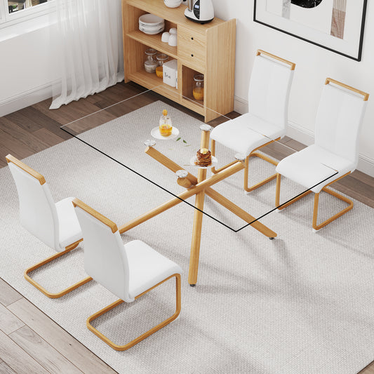 A table with four chairs. Glass dining table with 0.39 "tempered glass tabletop and wooden metal legs. PU leather high backrest cushioned side chair with C-shaped chrome metal legs.