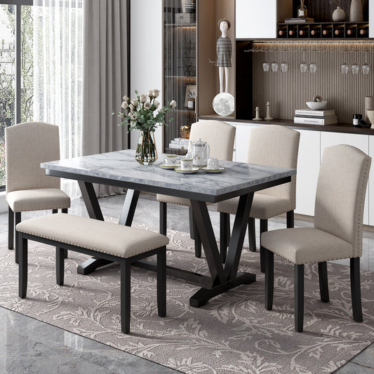 Modern Style 6-piece Dining Table with 4 Chairs & 1 Bench, Table with Marbled Veneers Tabletop and V-shaped Table Legs