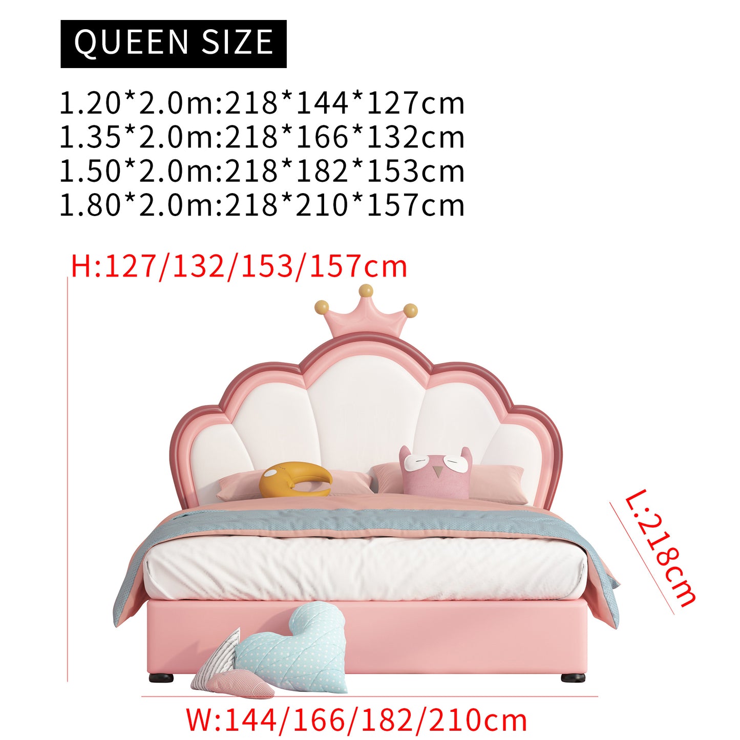 Twin Size Kids Bed Frame with crown Shaped Headboard,Children Twin Platform Bed Frame with Luxury PU leather, Cute Single Twin Bed for Girls Boys