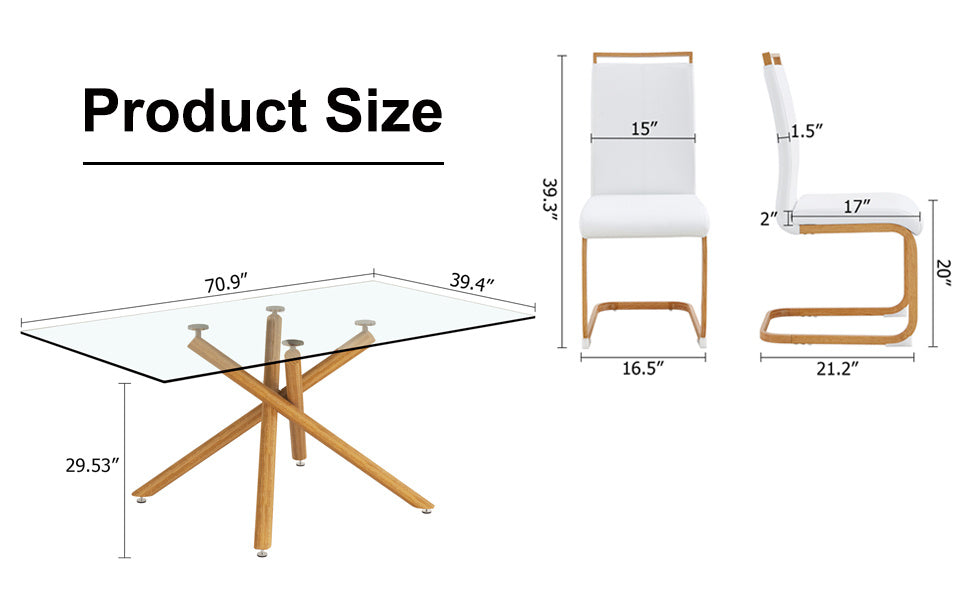 A table with four chairs. Glass dining table with 0.39 "tempered glass tabletop and wooden metal legs. PU leather high backrest cushioned side chair with C-shaped chrome metal legs.