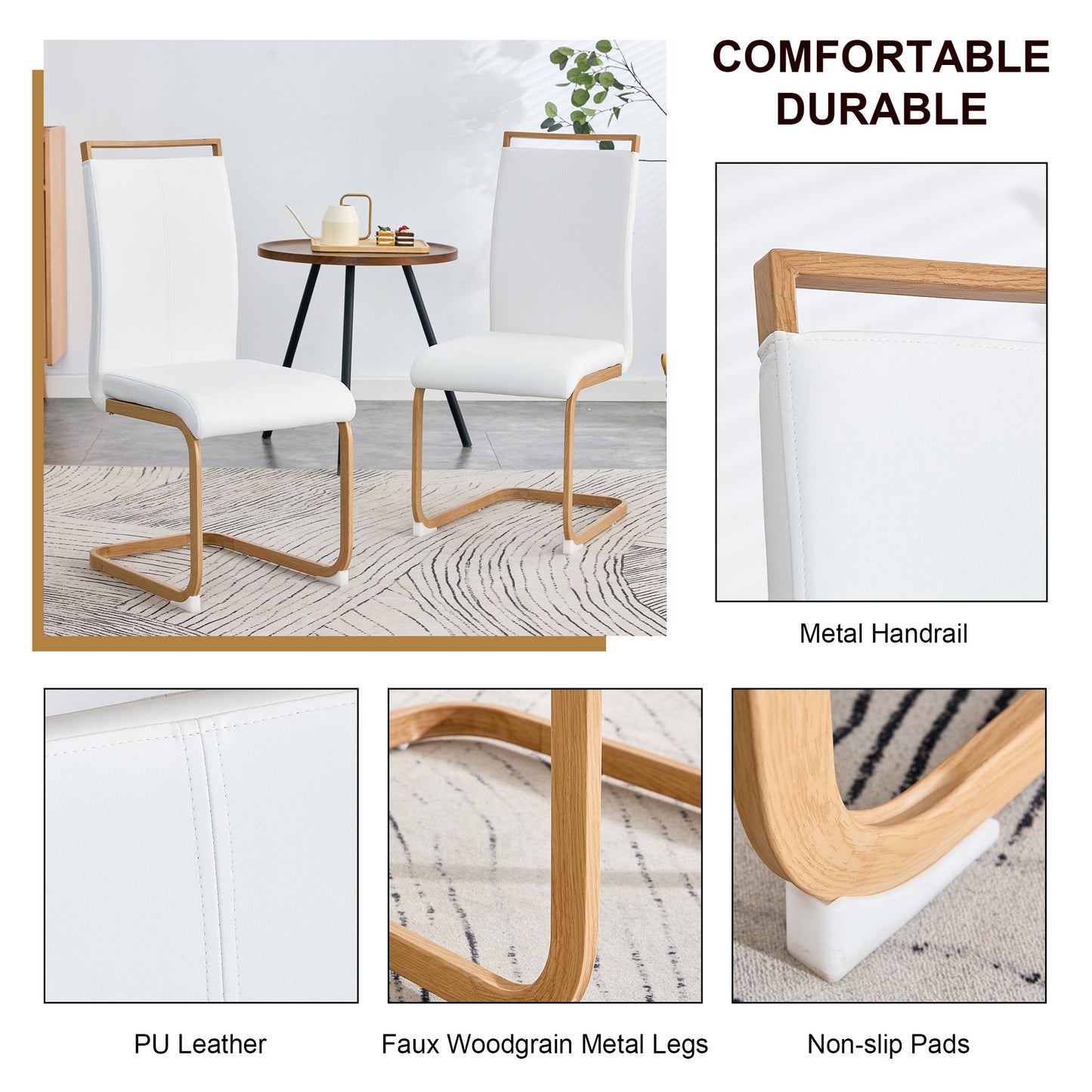 A table with four chairs. Glass dining table with 0.39 "tempered glass tabletop and wooden metal legs. PU leather high backrest cushioned side chair with C-shaped chrome metal legs.