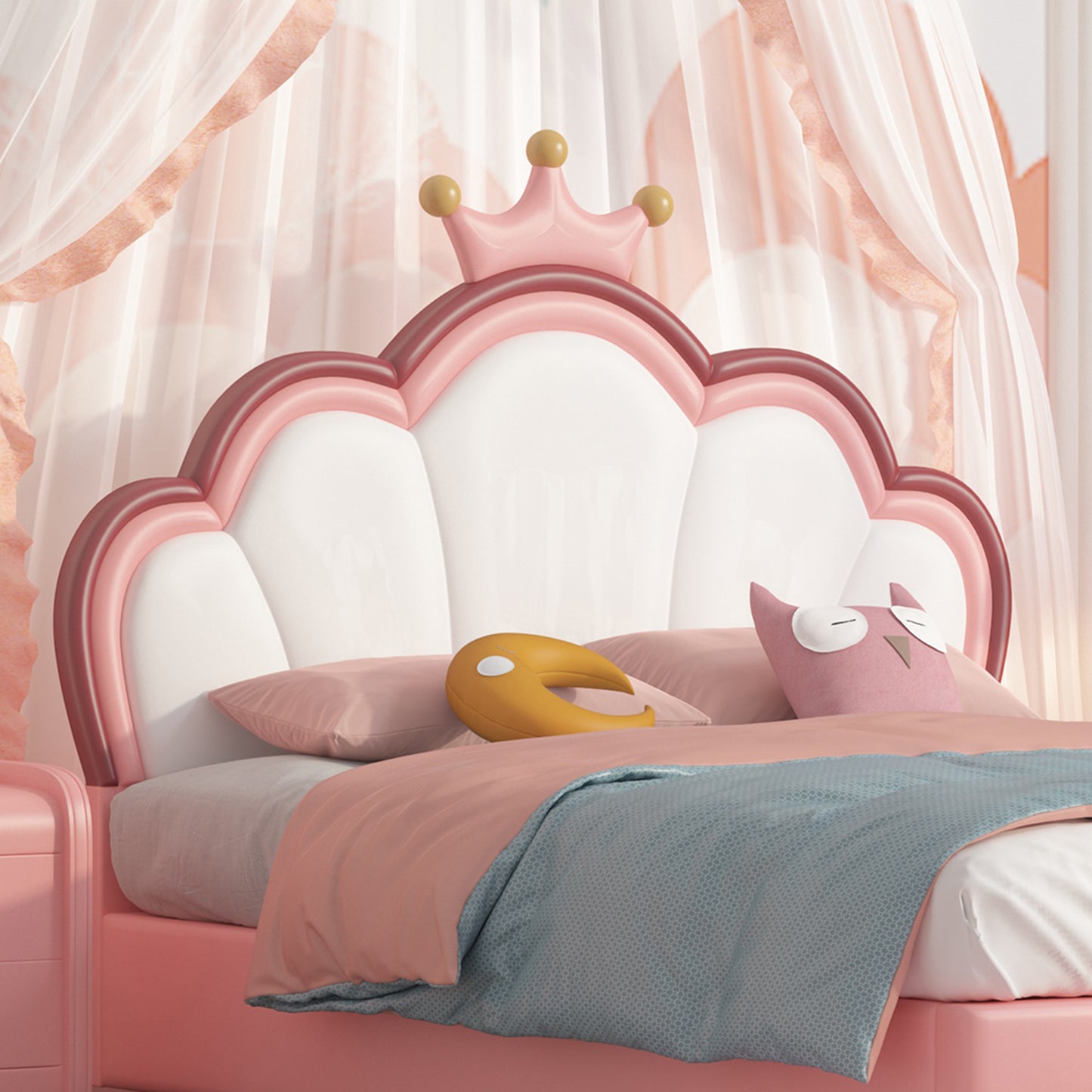 Twin Size Kids Bed Frame with crown Shaped Headboard,Children Twin Platform Bed Frame with Luxury PU leather, Cute Single Twin Bed for Girls Boys