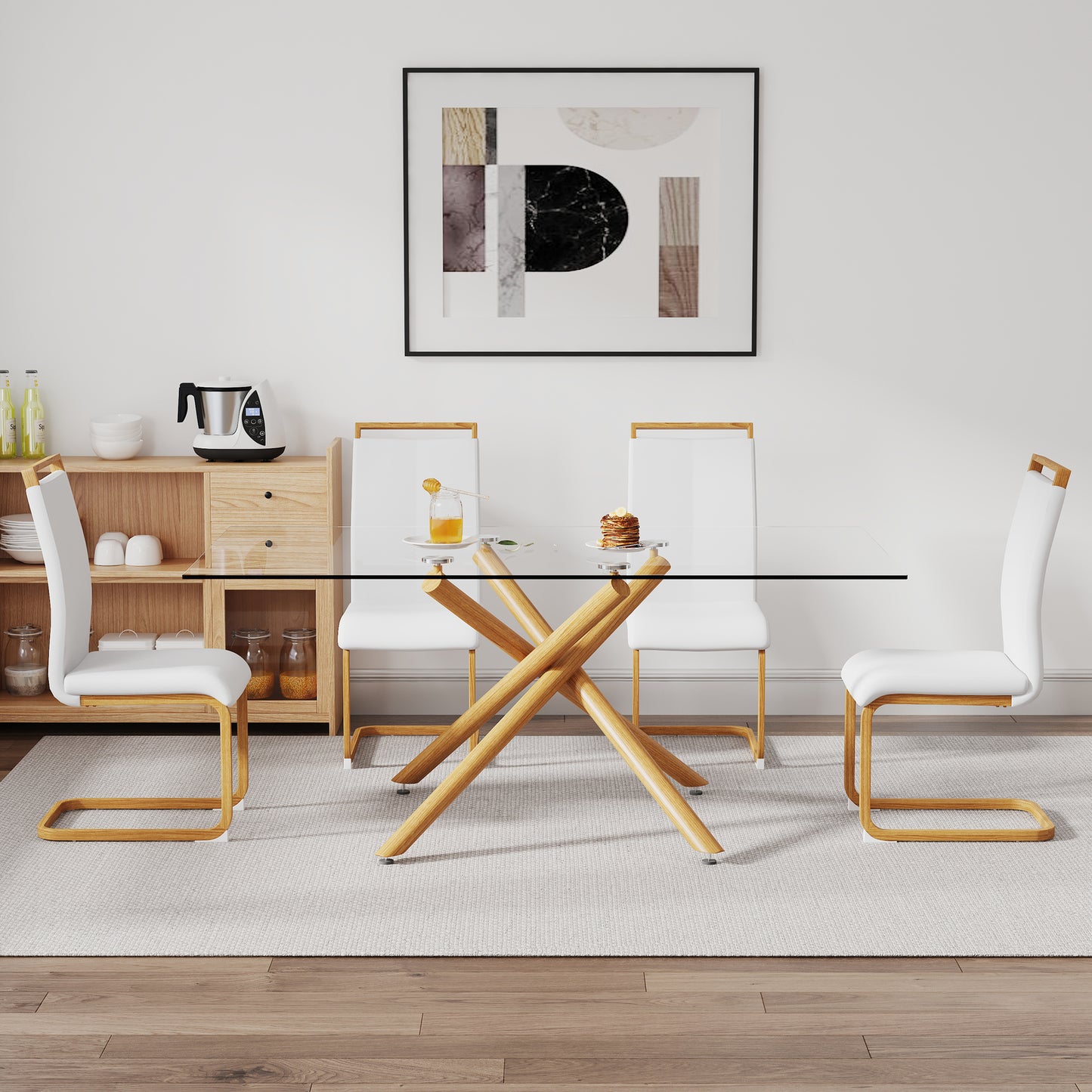 A table with four chairs. Glass dining table with 0.39 "tempered glass tabletop and wooden metal legs. PU leather high backrest cushioned side chair with C-shaped chrome metal legs.