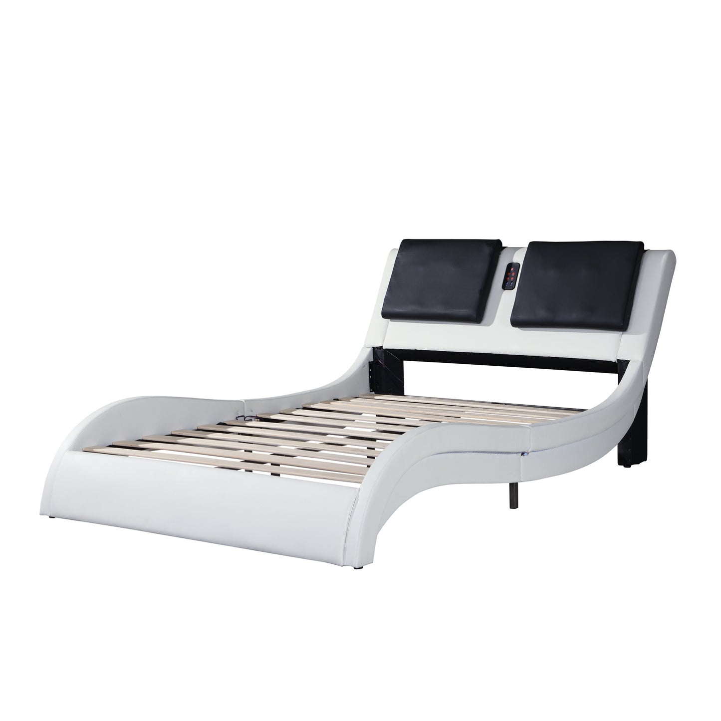 Faux Leather Upholstered Platform Bed Frame with led lighting; Bluetooth connection to play music  RGB control; Backrest vibration massage; Curve Design; Wood Slat Support; No Box Spring Needed; Queen