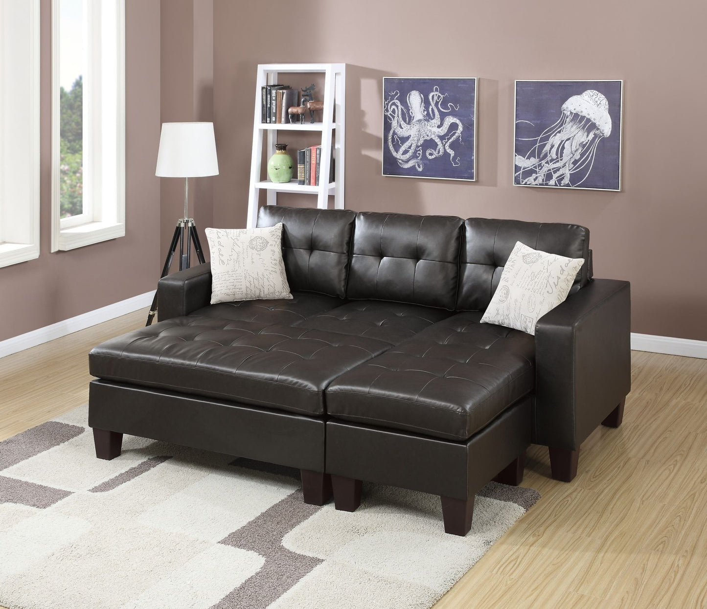 Espresso Faux Leather 3pcs Reversible Sectional Sofa Chaise w Ottoman Chaise Tufted Couch Lounge Living Room Furniture