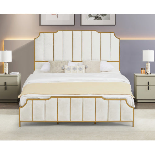 King Size Bed Frame,Upholstered Platform Bed & High headboard with Wood Slat Support,No Box Spring Needed,Easy Assembly, Velvet White