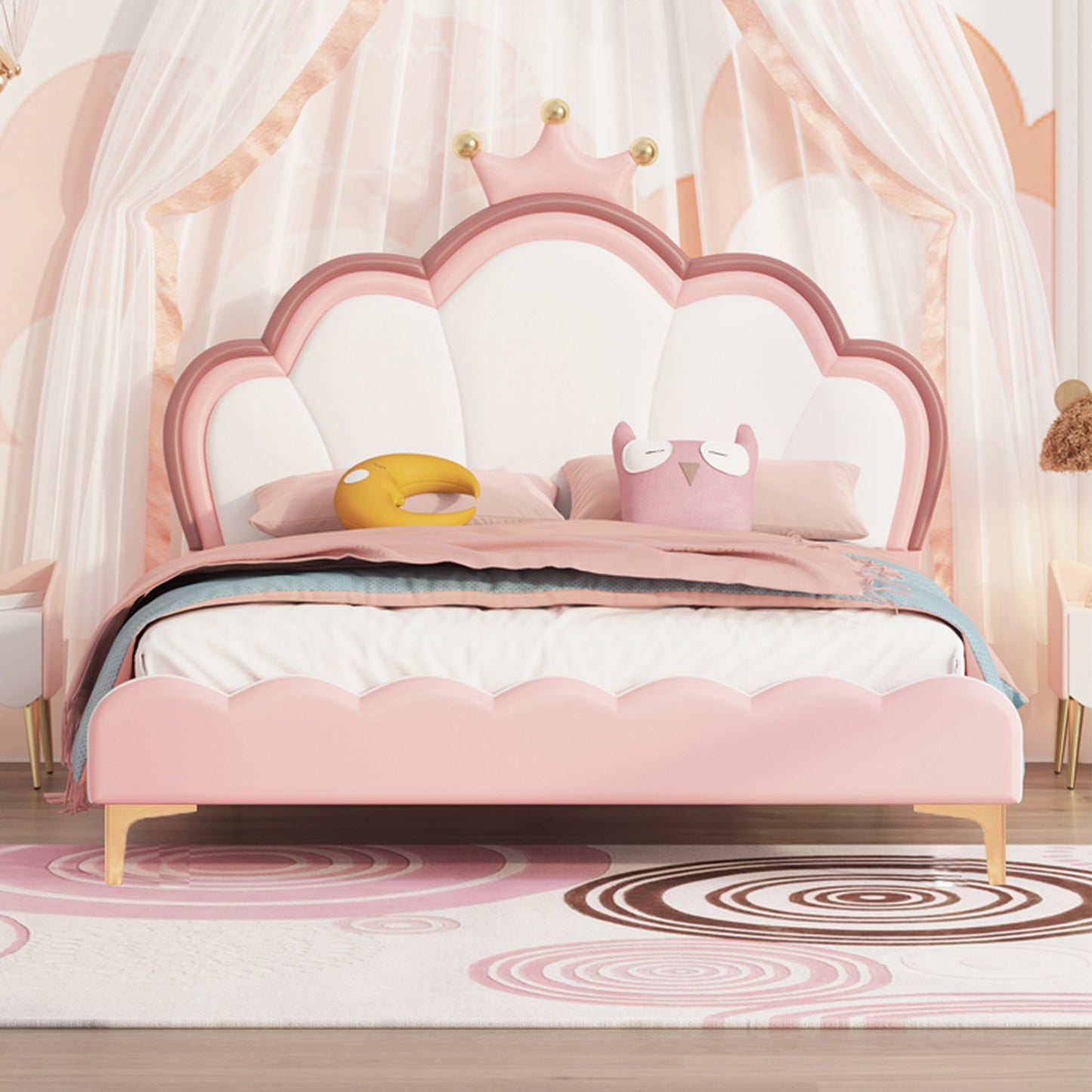 Twin Size Kids Bed Frame with crown Shaped Headboard,Children Twin Platform Bed Frame with Luxury PU leather, Cute Single Twin Bed for Girls Boys