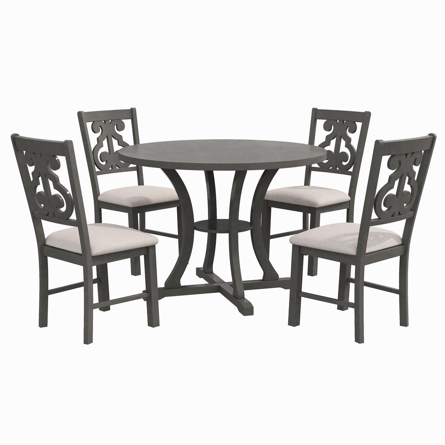 5-Piece Round Dining Table and 4 Fabric Chairs with Special-shaped Table Legs and Storage Shelf