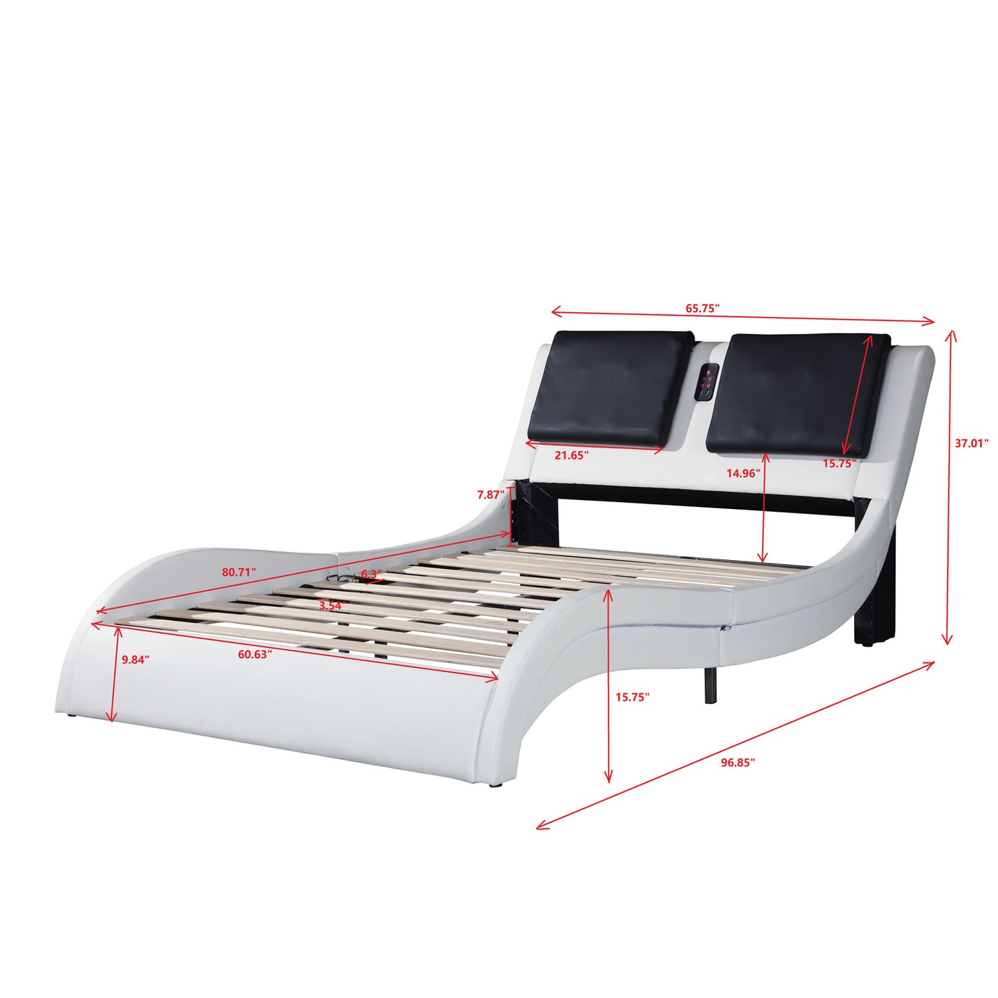 Faux Leather Upholstered Platform Bed Frame with led lighting; Bluetooth connection to play music  RGB control; Backrest vibration massage; Curve Design; Wood Slat Support; No Box Spring Needed; Queen