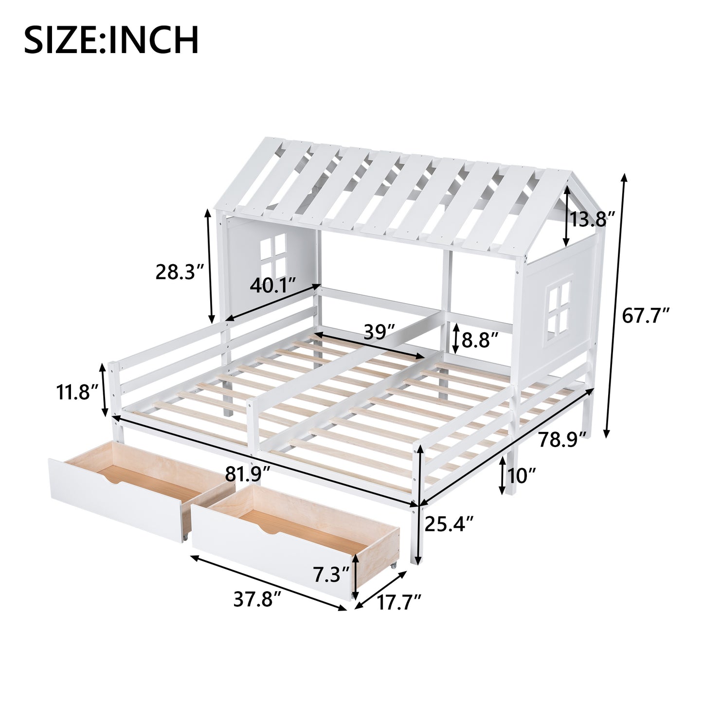 Twin Size House Platform Beds with Two Drawers for Boy and Girl Shared Beds, Combination of 2 Side by Side Twin Size Beds, White(old sku: GX000927AAK)