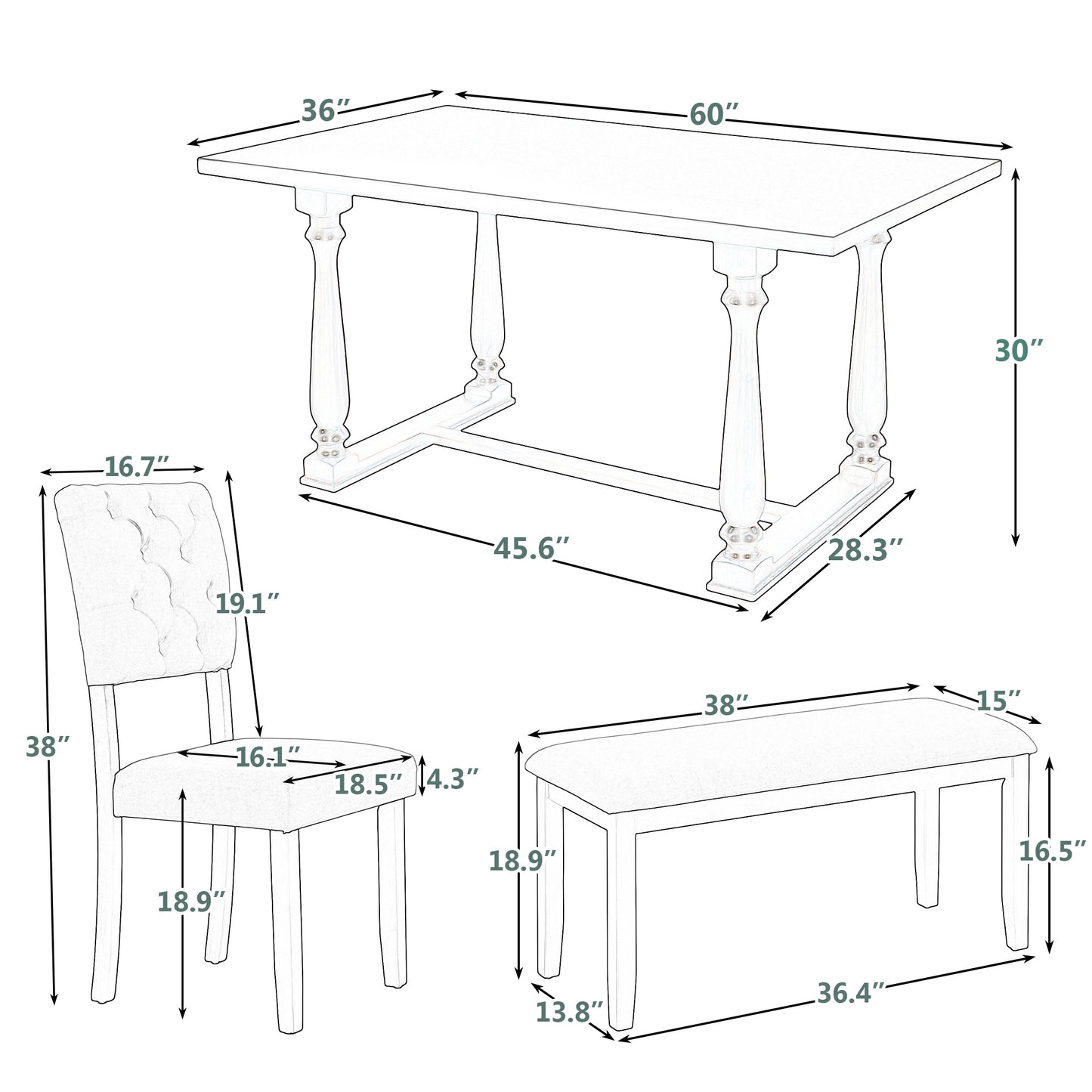 6-Piece Dining Table and Chair Set with Special-shaped Legs and Foam-covered Seat Backs&Cushions for Dining Room