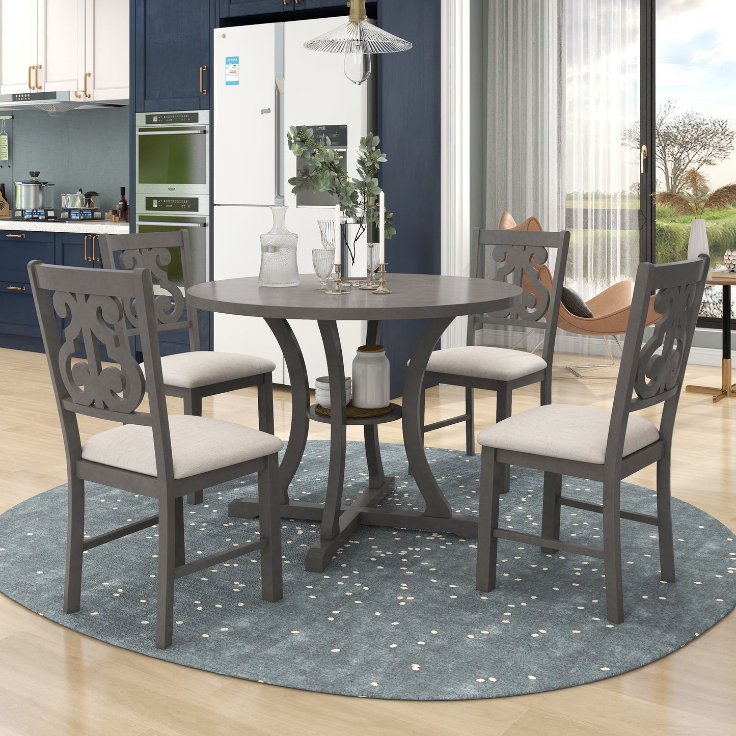 5-Piece Round Dining Table and 4 Fabric Chairs with Special-shaped Table Legs and Storage Shelf