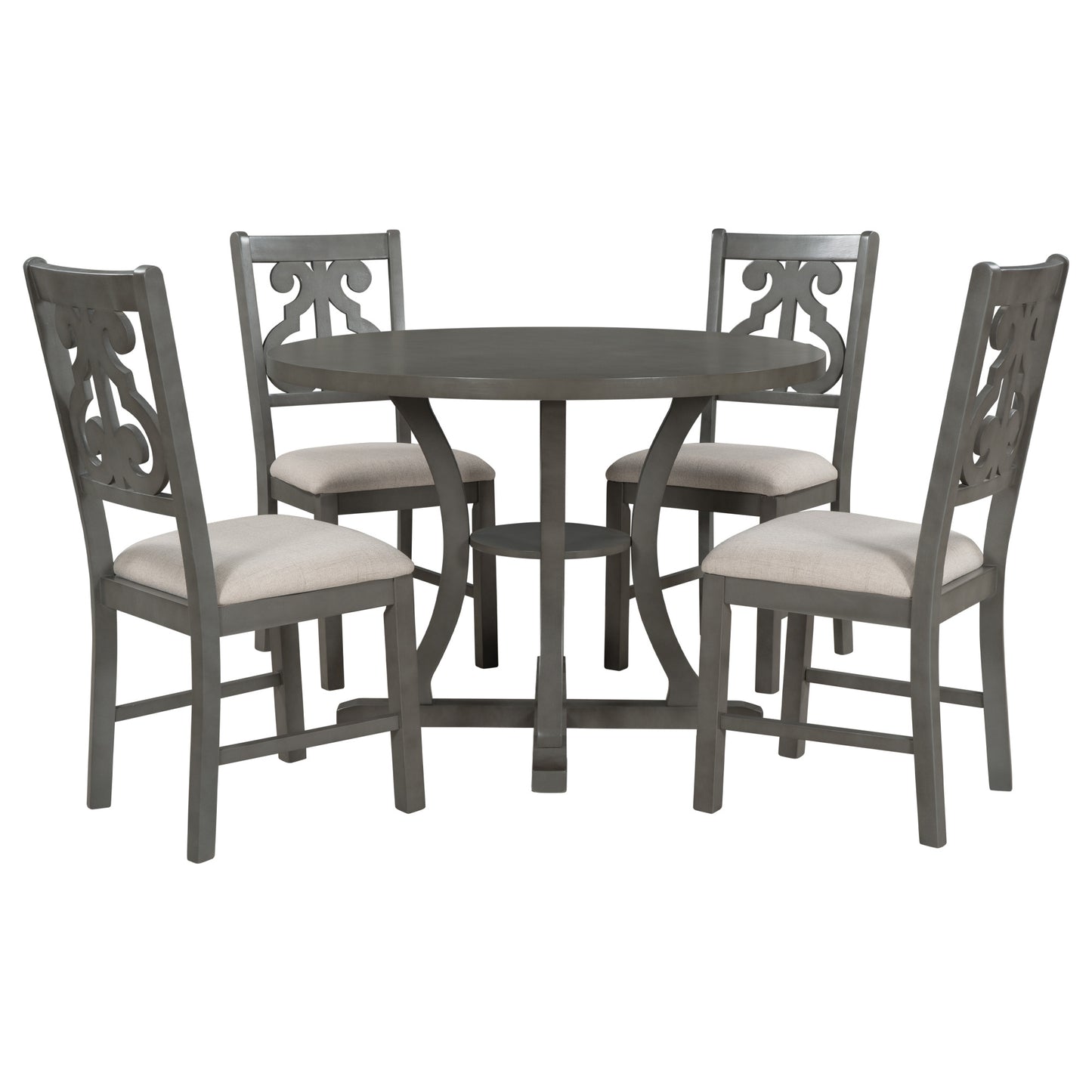 5-Piece Round Dining Table and 4 Fabric Chairs with Special-shaped Table Legs and Storage Shelf